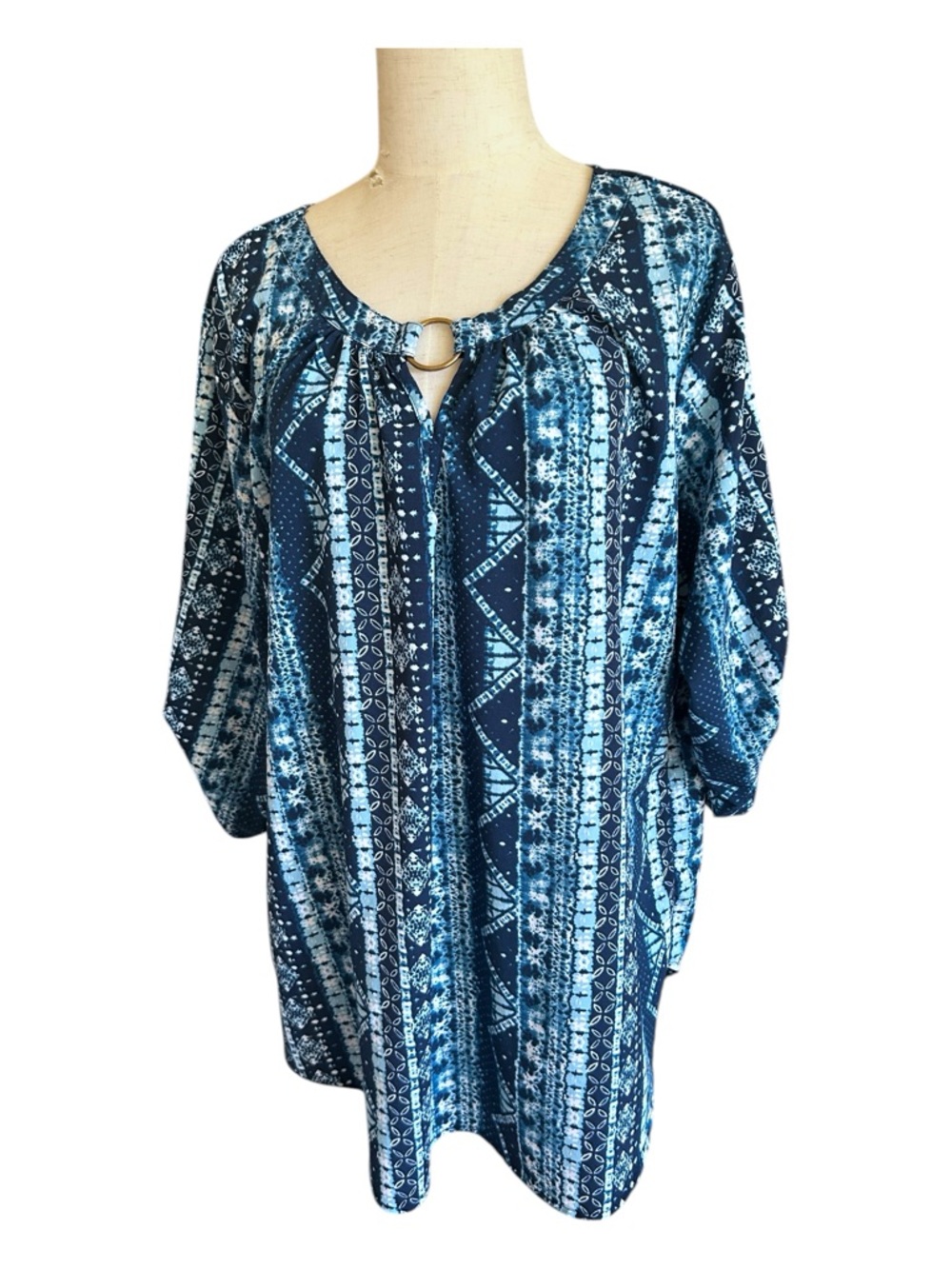 Women's Blue & White Geometric Shibori Inspired Print Tunic Top